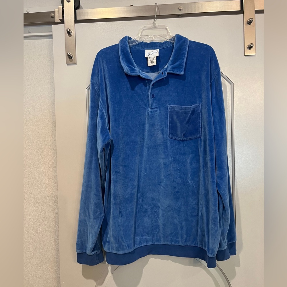 Vintage royal Blue leisure suit style Velour collared sweatshirt. GUC!